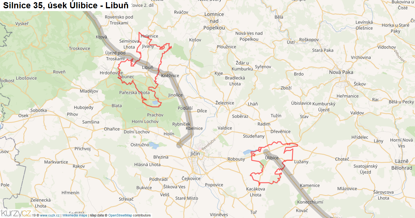 Úsek Úlibice - Libuň, Silnice 35 - Mapa