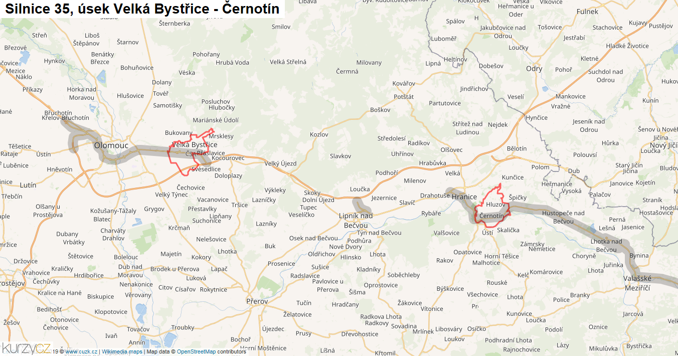 Úsek Velká Bystřice - Černotín, Silnice 35 - Mapa