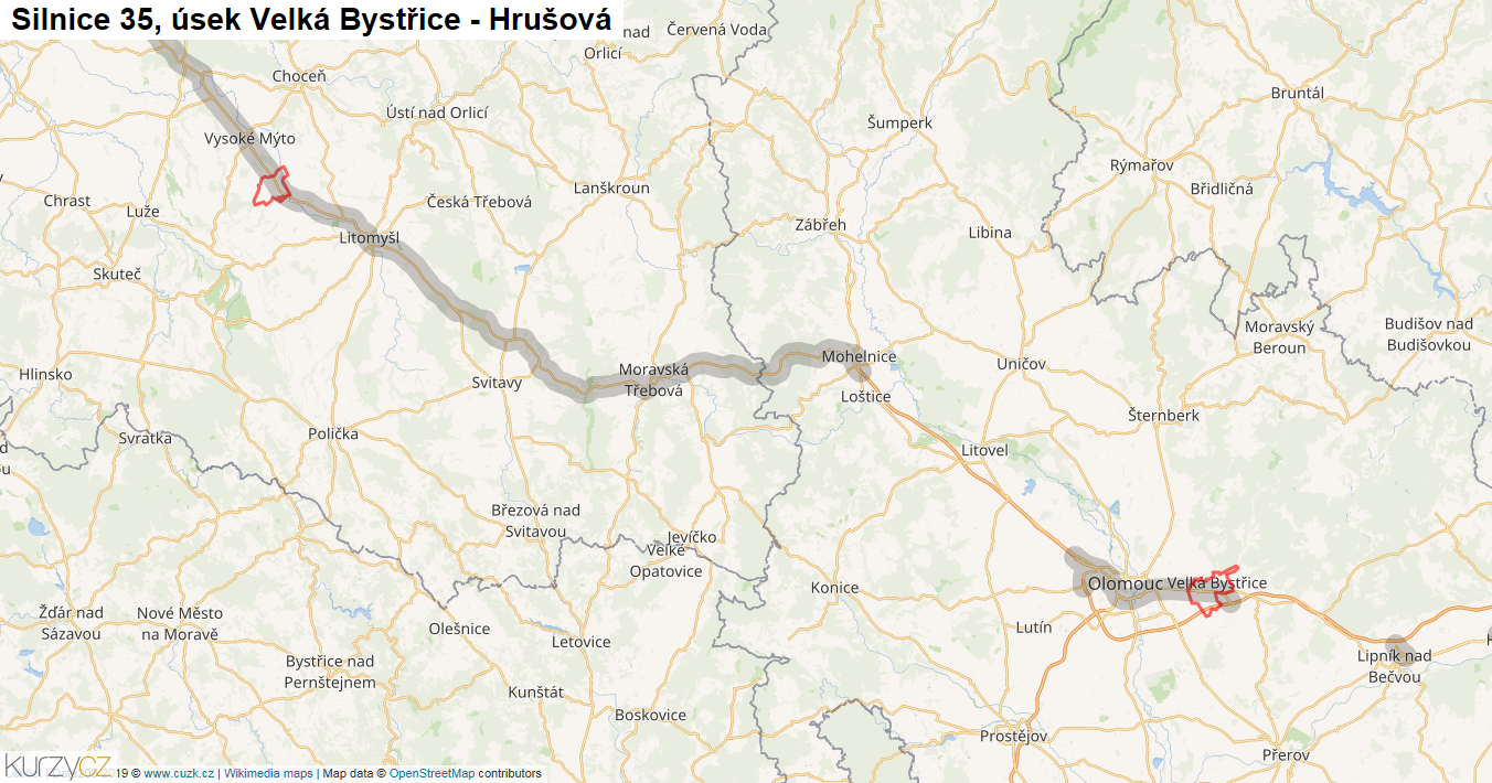 Úsek Velká Bystřice - Hrušová, Silnice 35 - Mapa