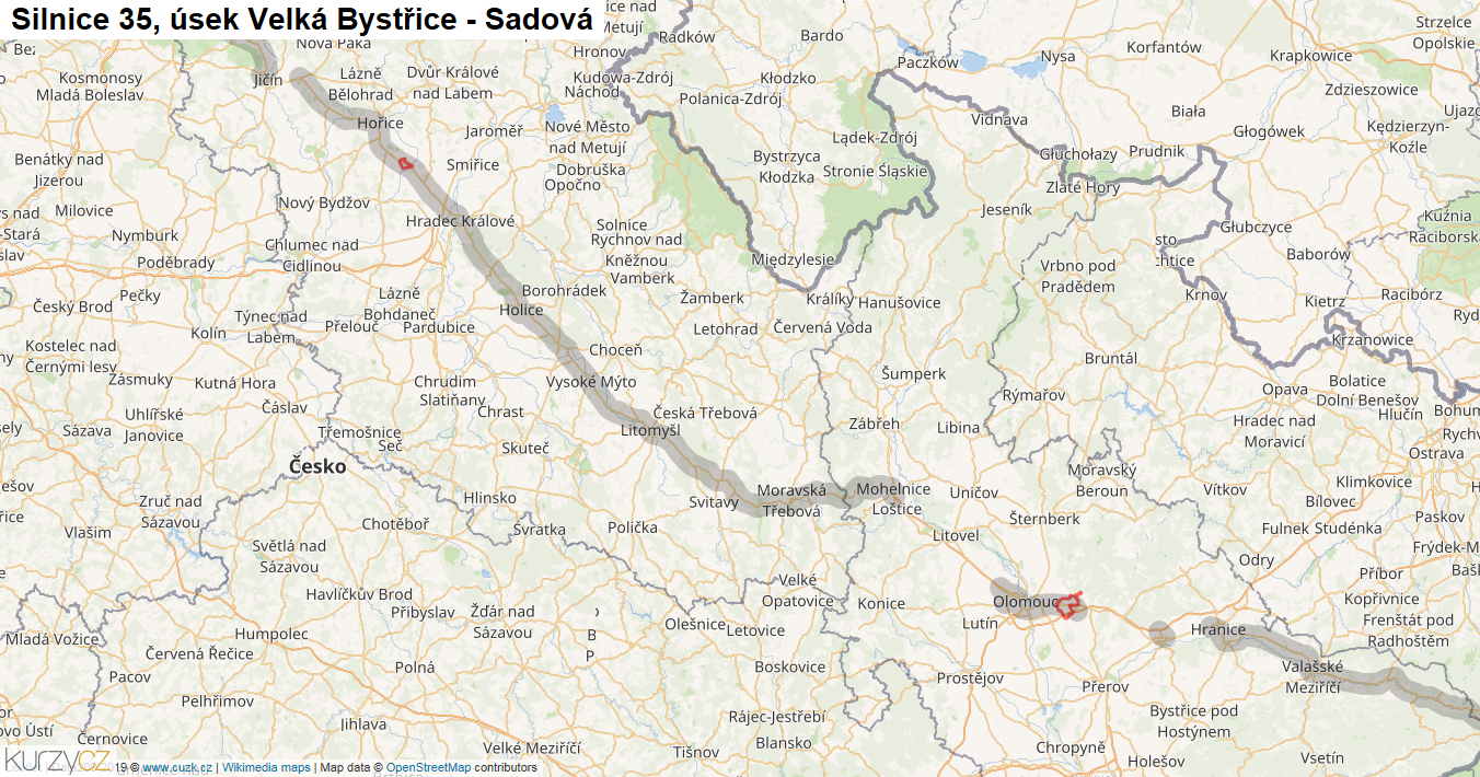 Úsek Velká Bystřice - Sadová, Silnice 35 - Mapa