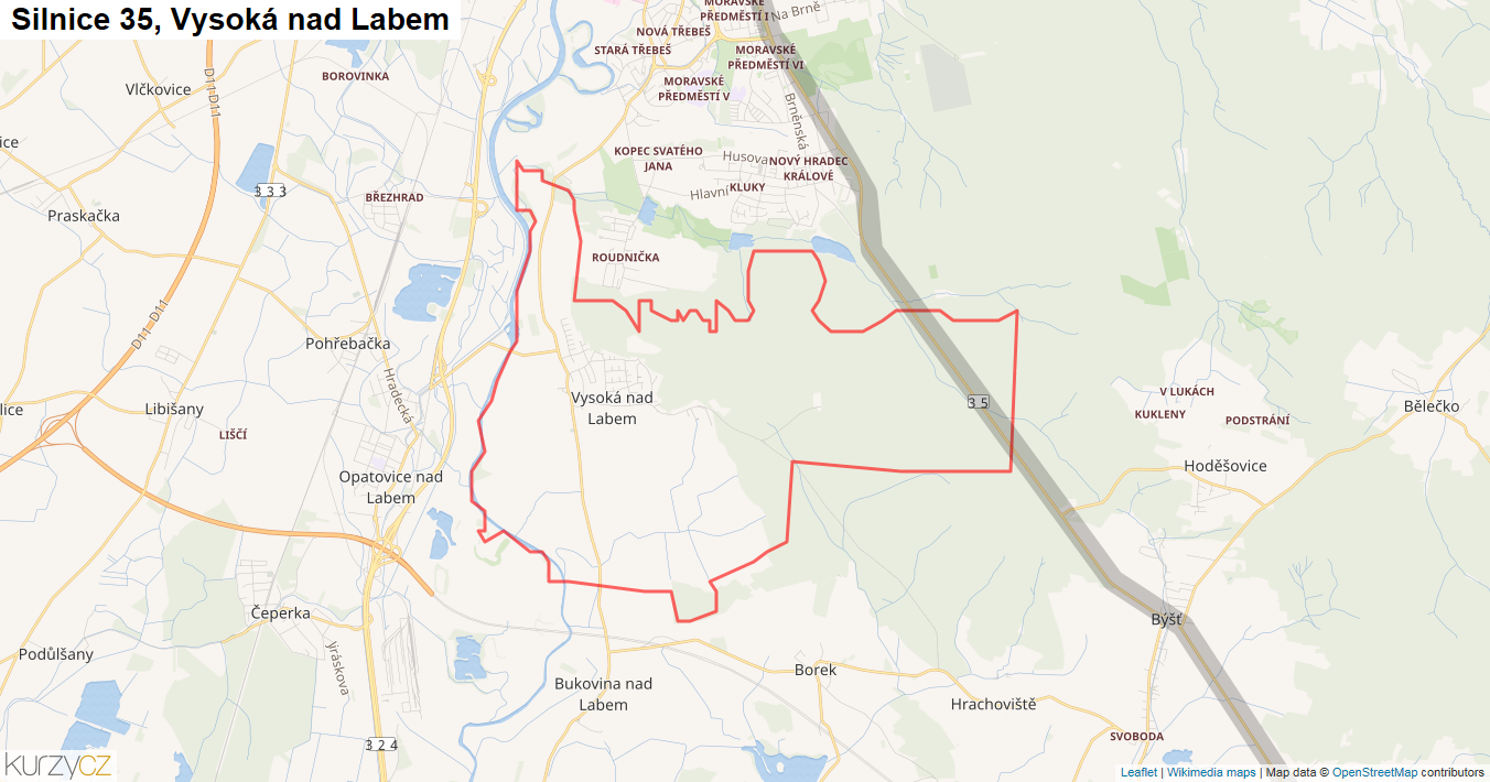 Vysoká nad Labem, Silnice 35 - Mapa