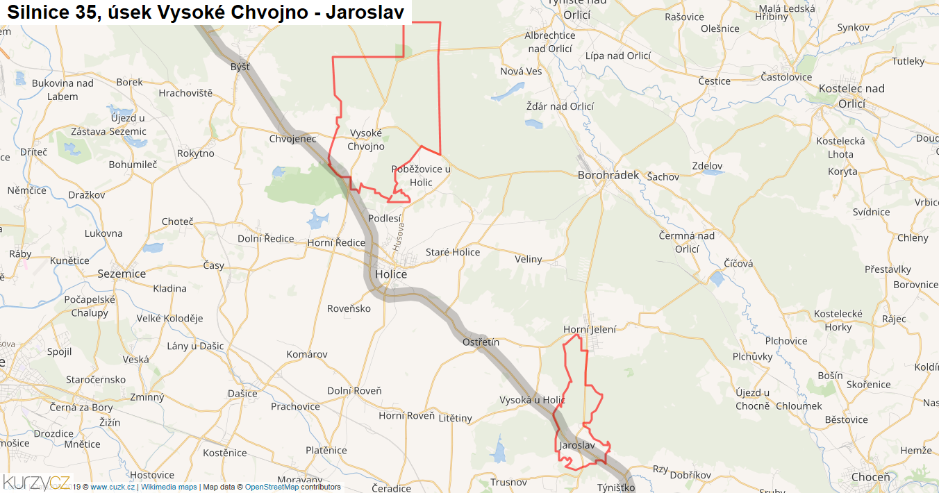 Úsek Vysoké Chvojno - Jaroslav, Silnice 35 - Mapa