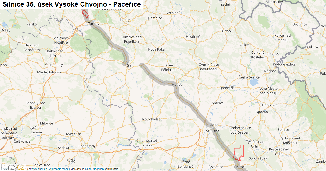 Úsek Vysoké Chvojno - Paceřice, Silnice 35 - Mapa