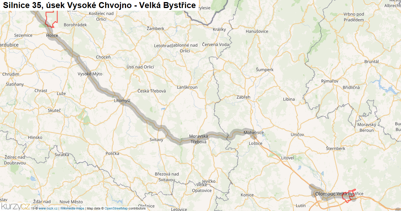 Úsek Vysoké Chvojno - Velká Bystřice, Silnice 35 - Mapa