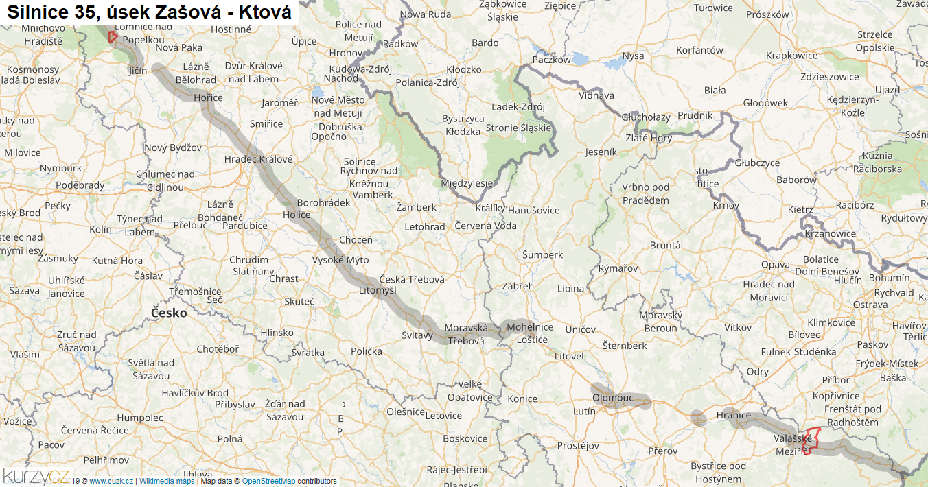 Úsek Zašová - Ktová, Silnice 35 - Mapa
