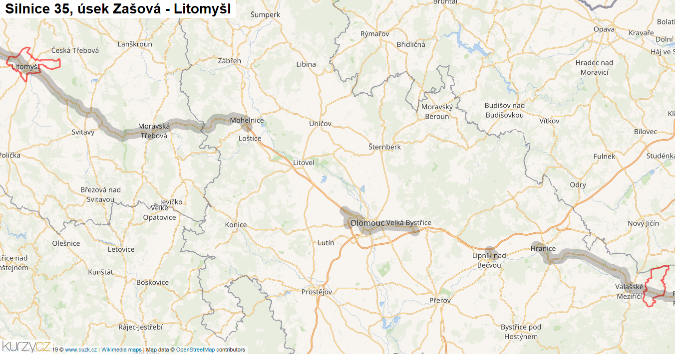 Úsek Zašová - Litomyšl, Silnice 35 - Mapa