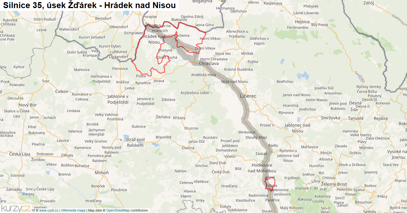 Úsek Žďárek - Hrádek nad Nisou, Silnice 35 - Mapa