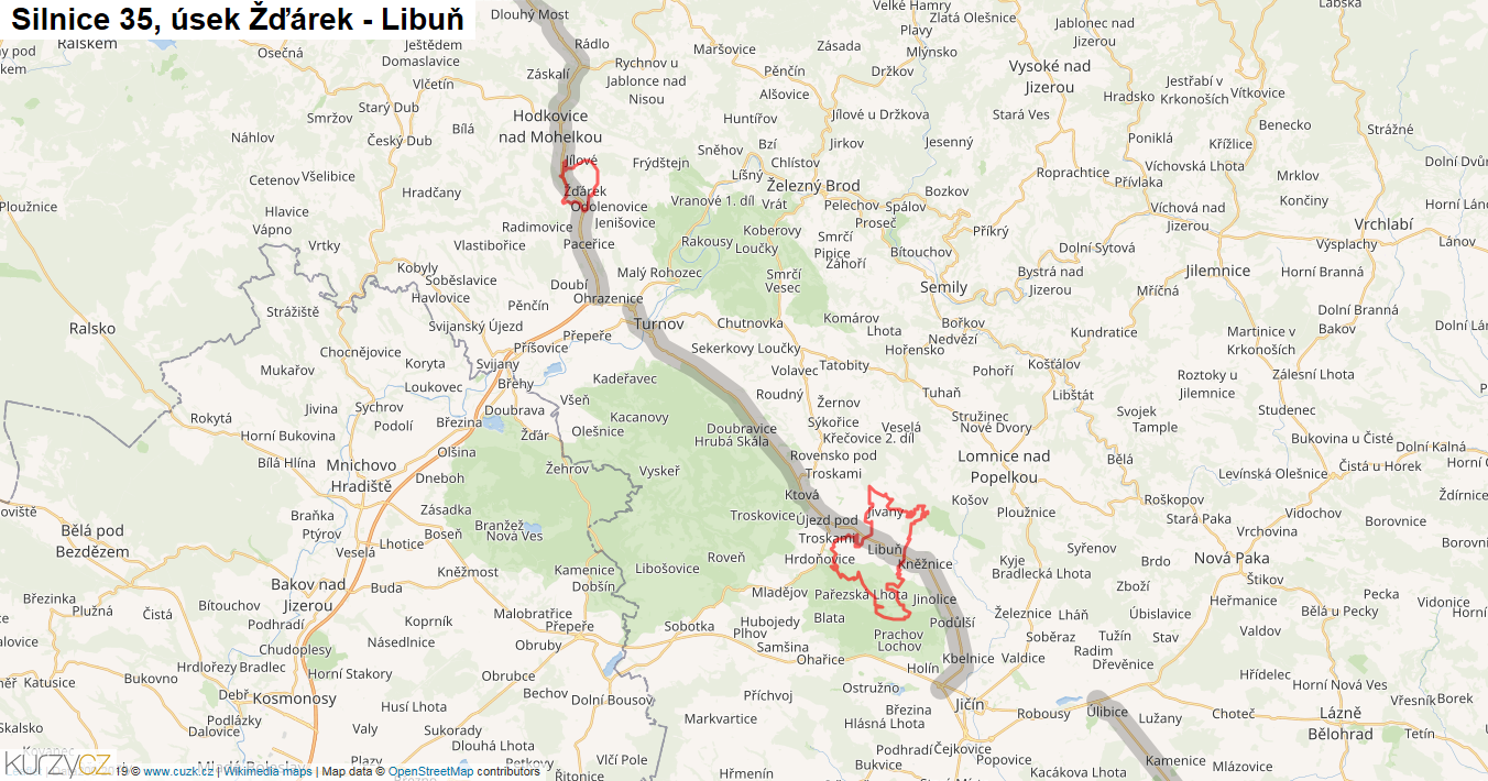 Úsek Žďárek - Libuň, Silnice 35 - Mapa