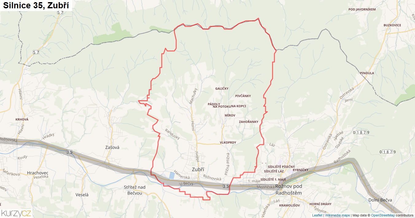 Zubří, Silnice 35 - Mapa