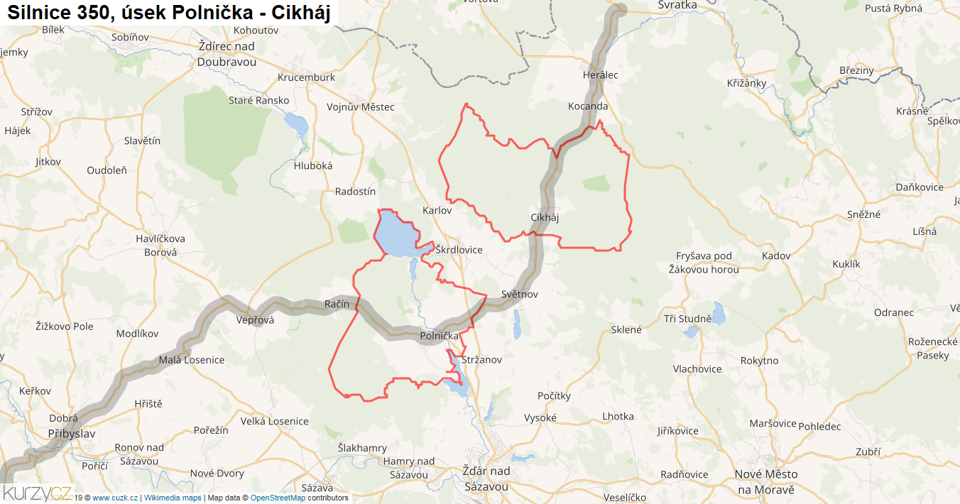 Úsek Polnička - Cikháj, Silnice 350 - Mapa