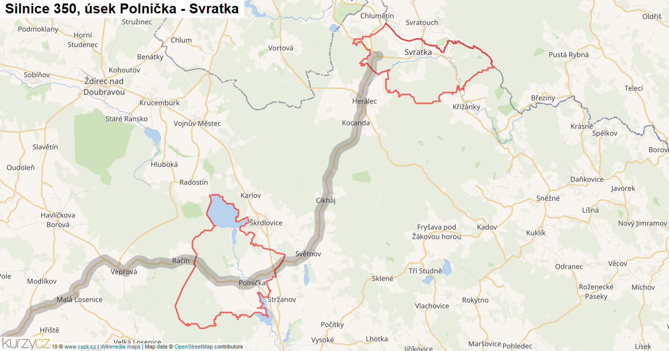 Úsek Polnička - Svratka, Silnice 350 - Mapa