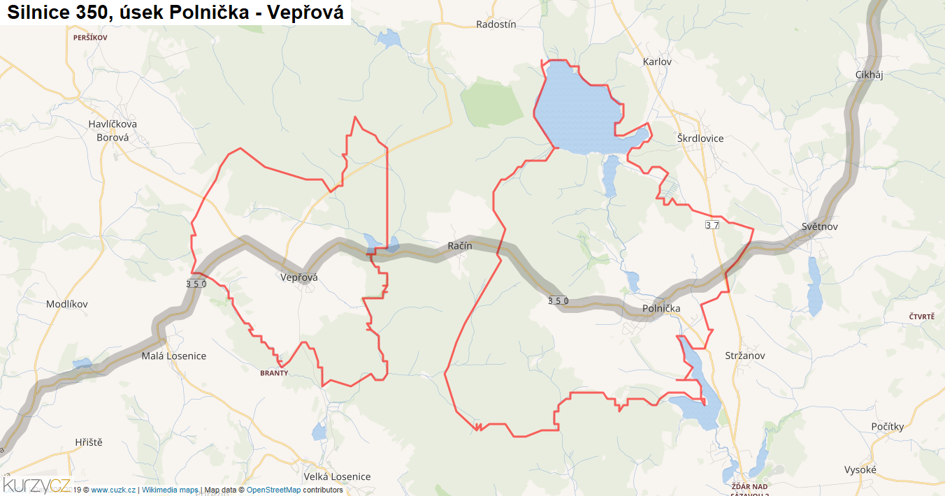 Úsek Polnička - Vepřová, Silnice 350 - Mapa