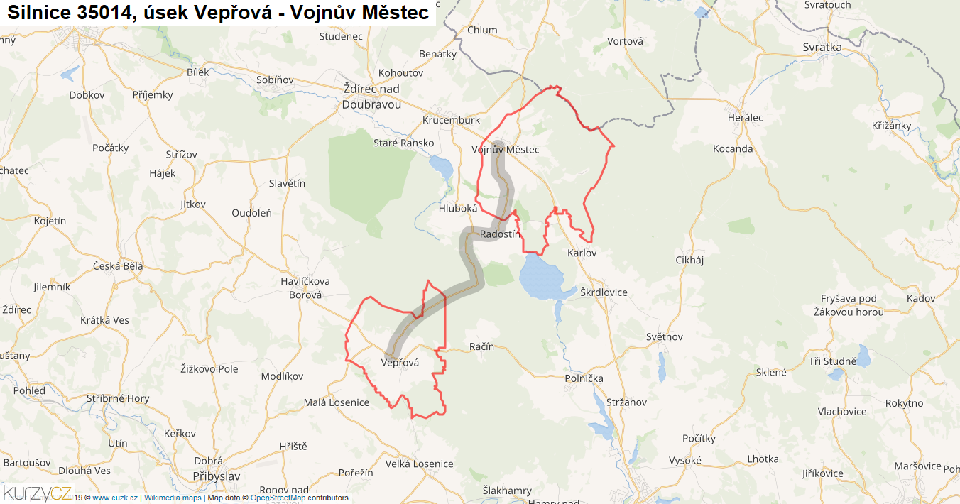 Úsek Vepřová - Vojnův Městec, Silnice 35014 - Mapa