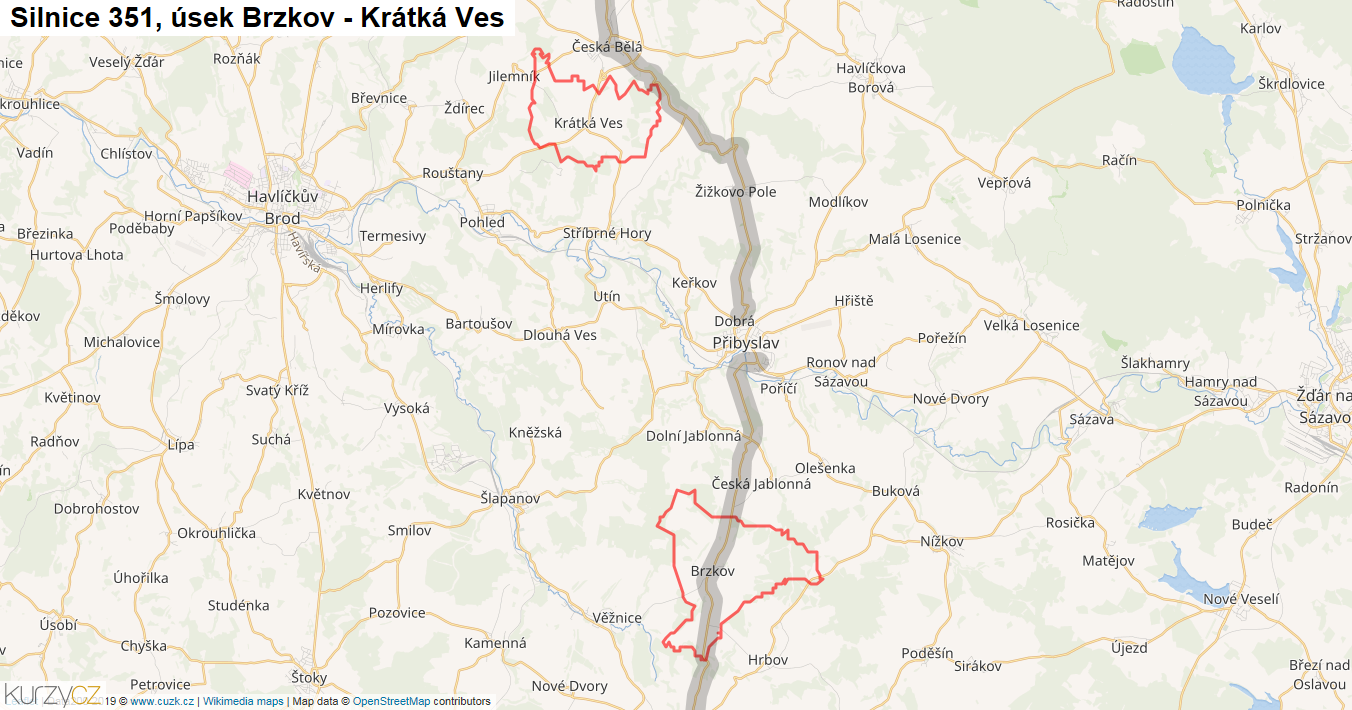 Úsek Brzkov - Krátká Ves, Silnice 351 - Mapa