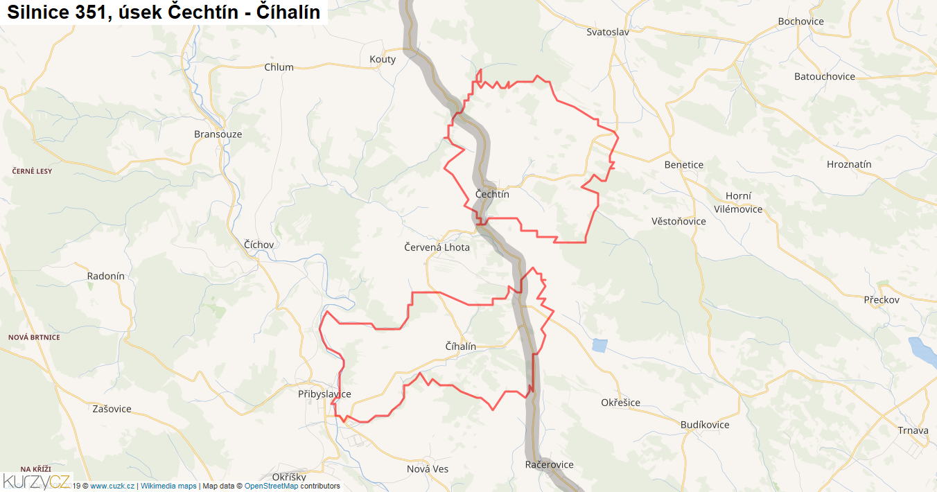 Úsek Čechtín - Číhalín, Silnice 351 - Mapa
