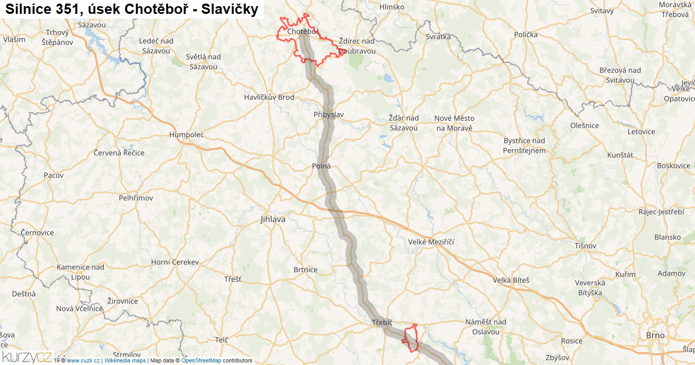 Úsek Chotěboř - Slavičky, Silnice 351 - Mapa