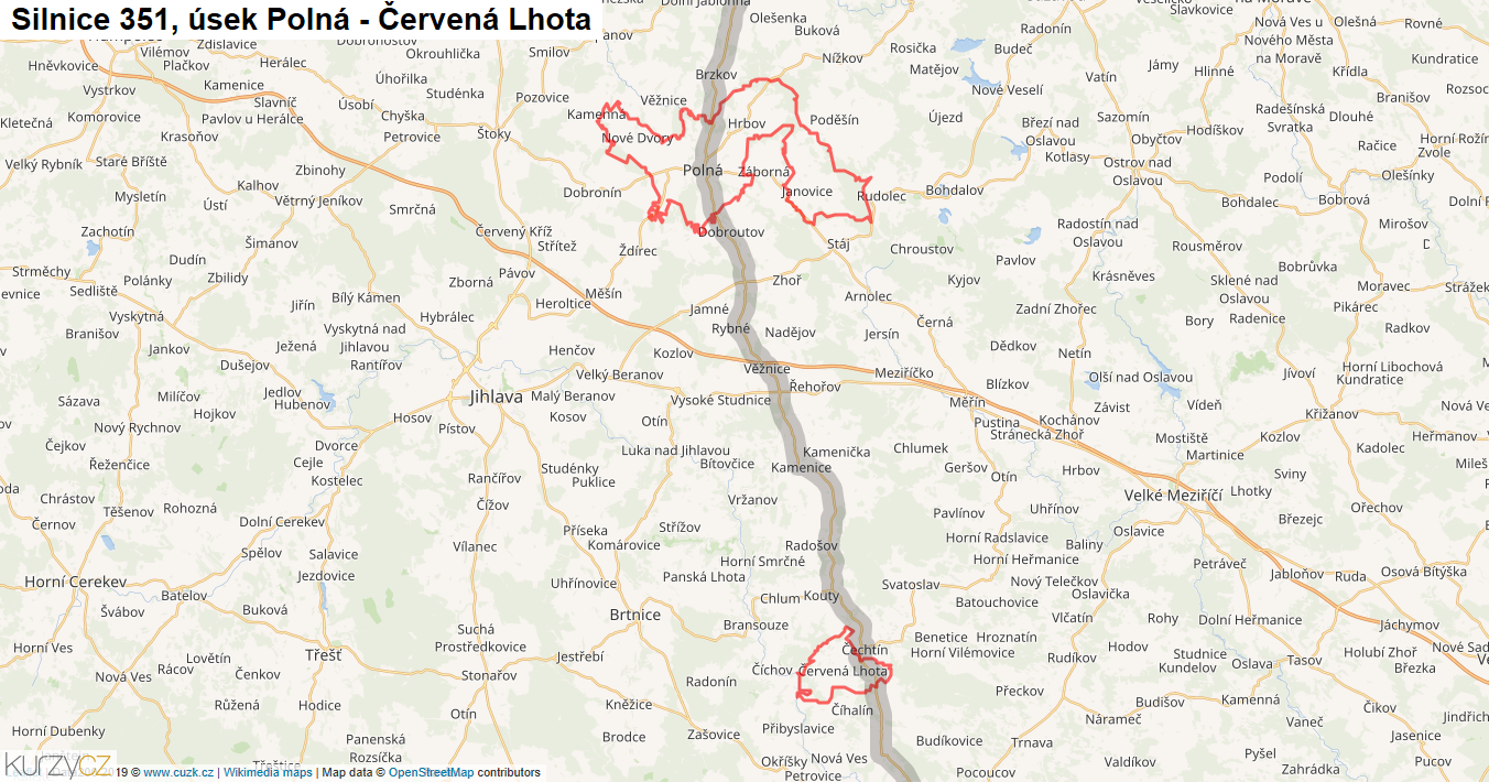 Úsek Polná - Červená Lhota, Silnice 351 - Mapa