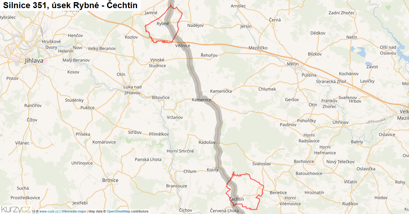 Úsek Rybné - Čechtín, Silnice 351 - Mapa