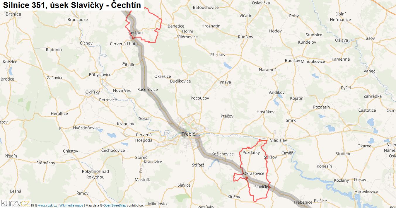 Úsek Slavičky - Čechtín, Silnice 351 - Mapa