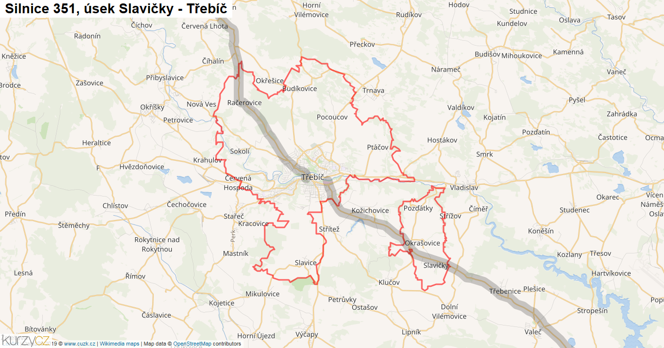 Úsek Slavičky - Třebíč, Silnice 351 - Mapa
