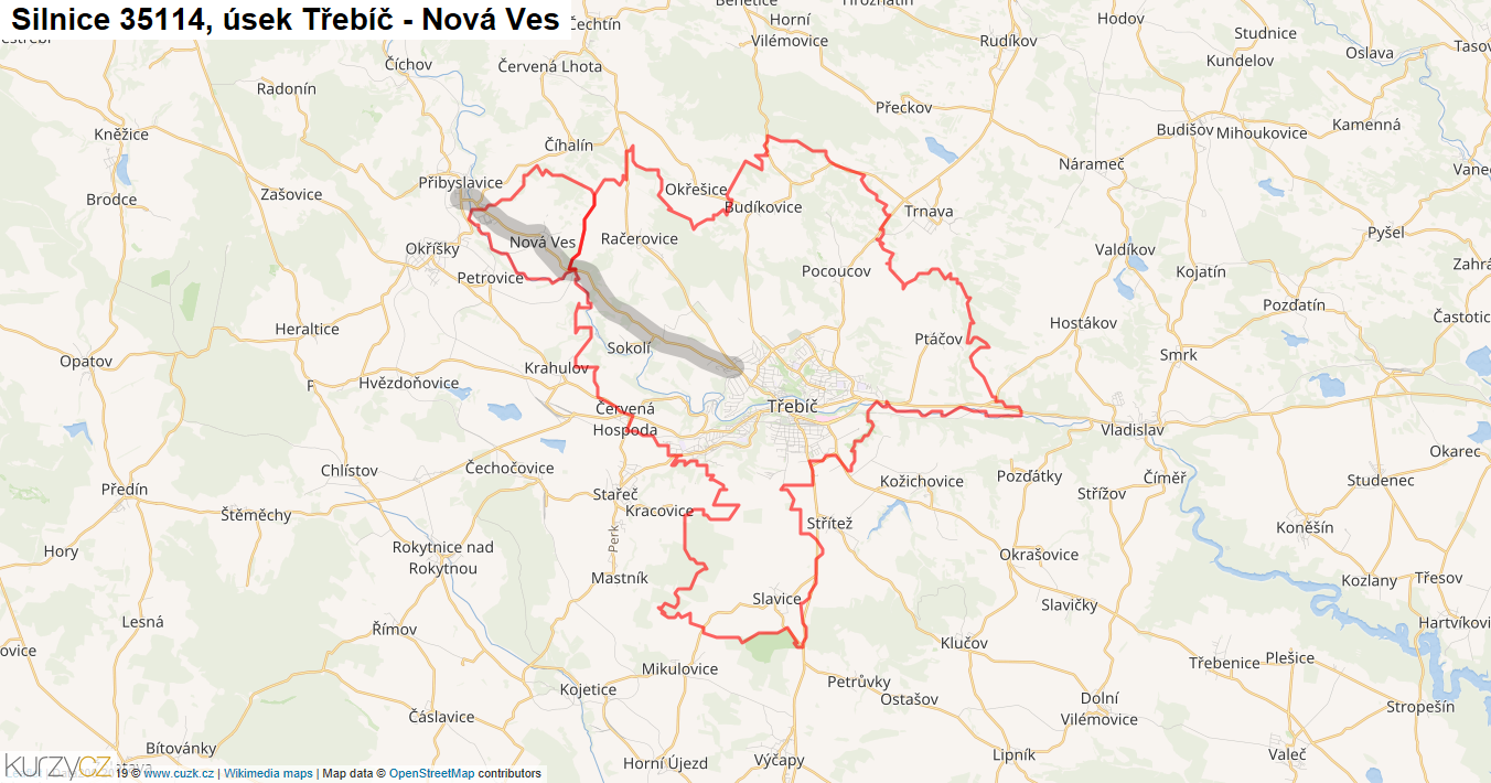 Úsek Třebíč - Nová Ves, Silnice 35114 - Mapa