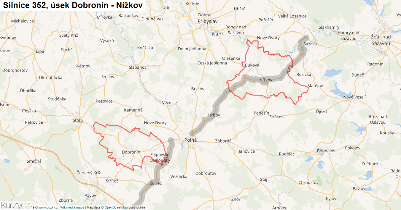 Úsek Dobronín - Nížkov, Silnice 352 - Mapa