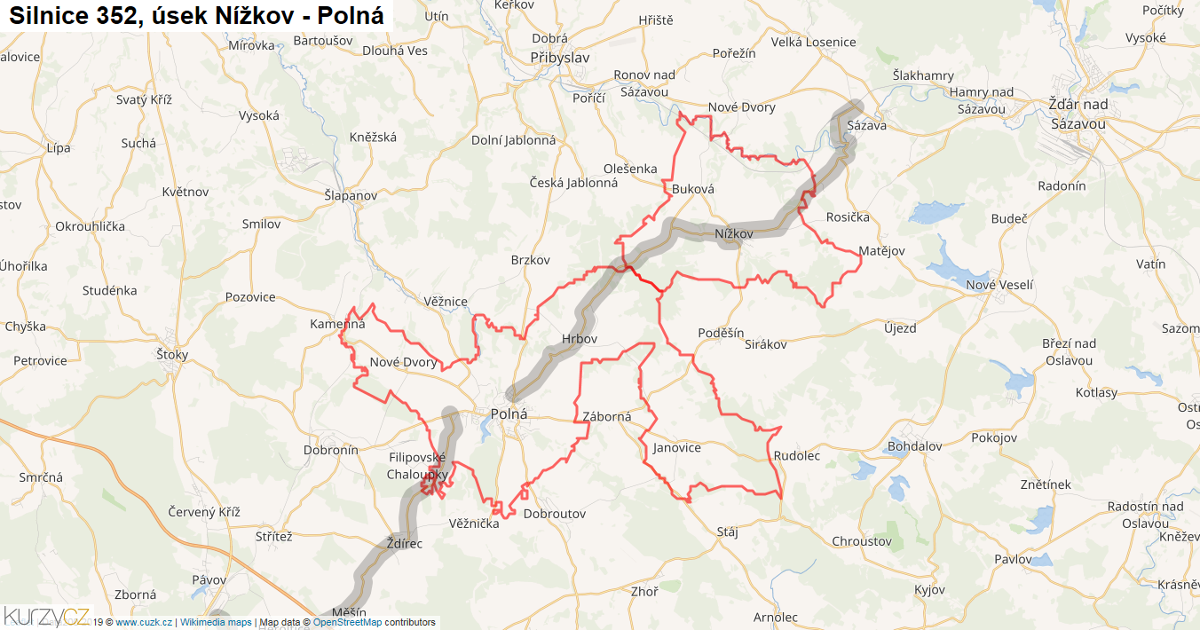 Úsek Nížkov - Polná, Silnice 352 - Mapa