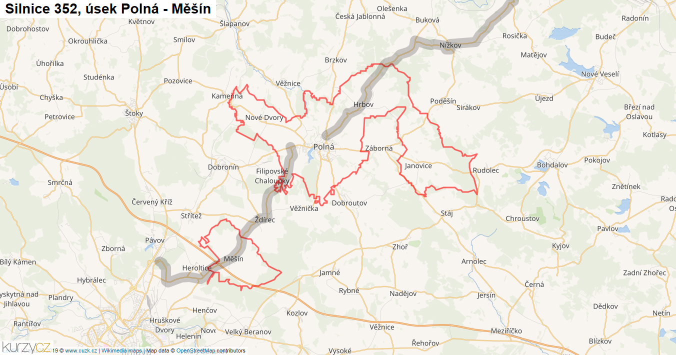 Úsek Polná - Měšín, Silnice 352 - Mapa
