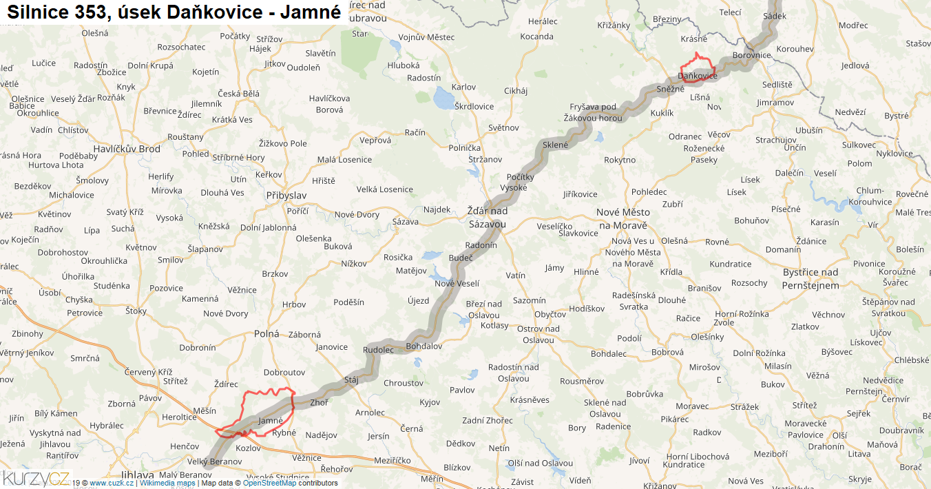Úsek Daňkovice - Jamné, Silnice 353 - Mapa