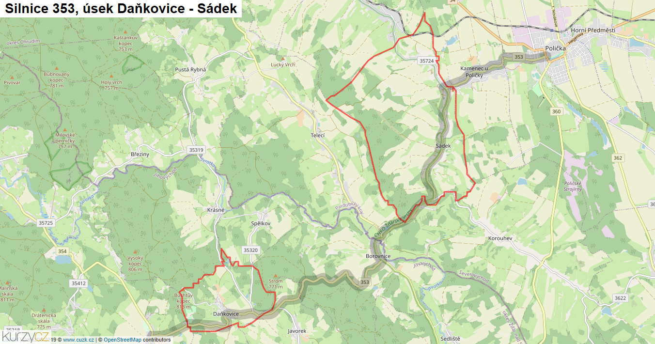 Úsek Daňkovice - Sádek, Silnice 353 - Mapa