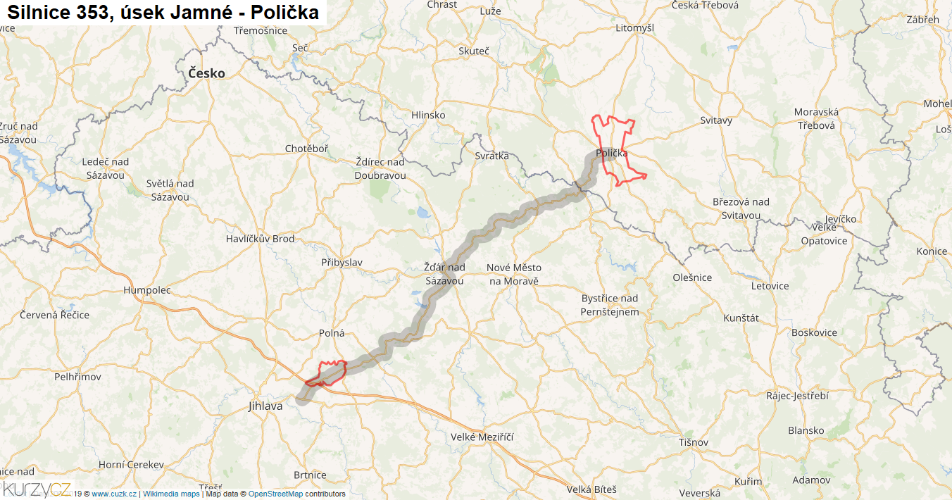 Úsek Jamné - Polička, Silnice 353 - Mapa