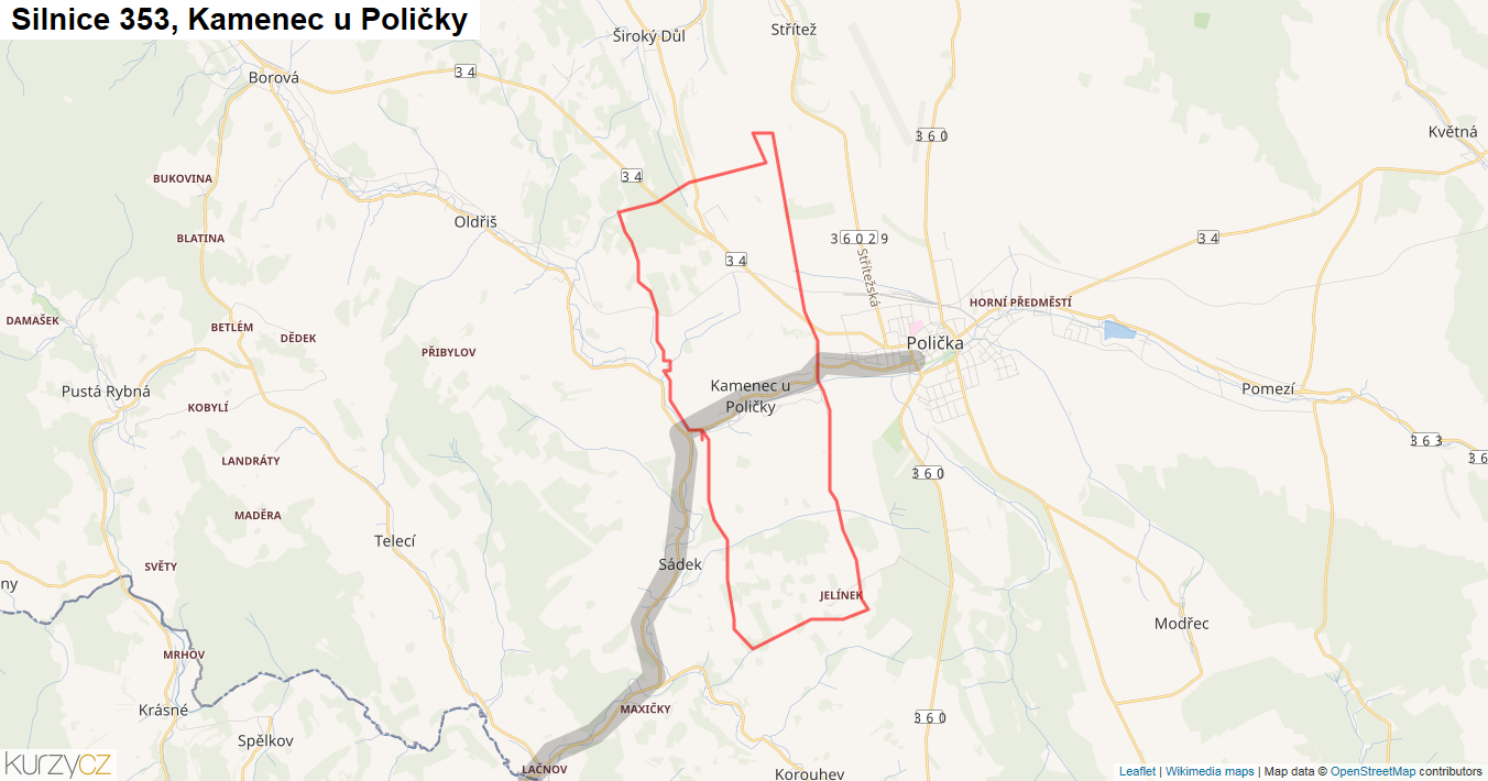 Kamenec u Poličky, Silnice 353 - Mapa