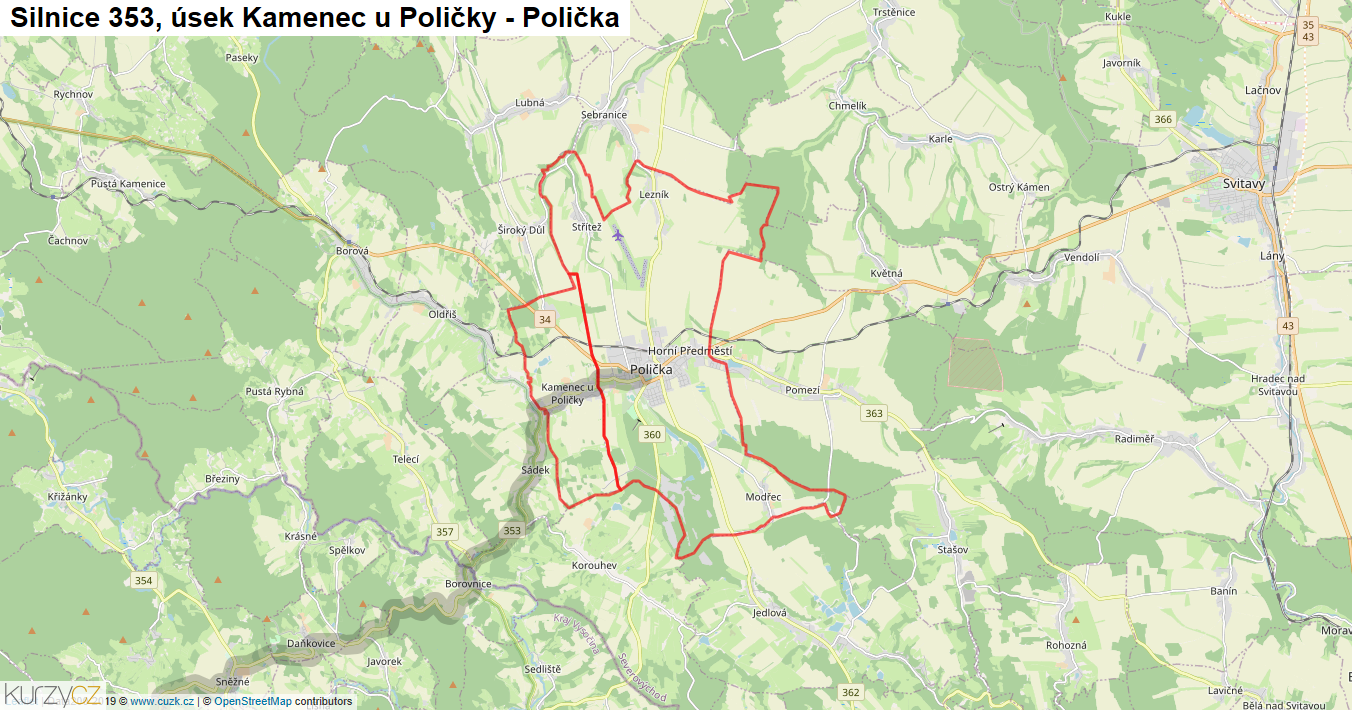 Úsek Kamenec u Poličky - Polička, Silnice 353 - Mapa