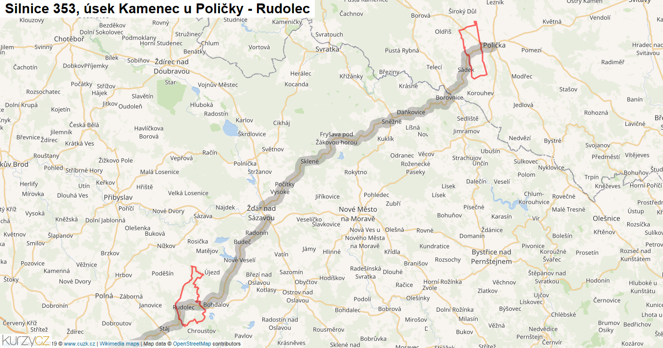Úsek Kamenec u Poličky - Rudolec, Silnice 353 - Mapa