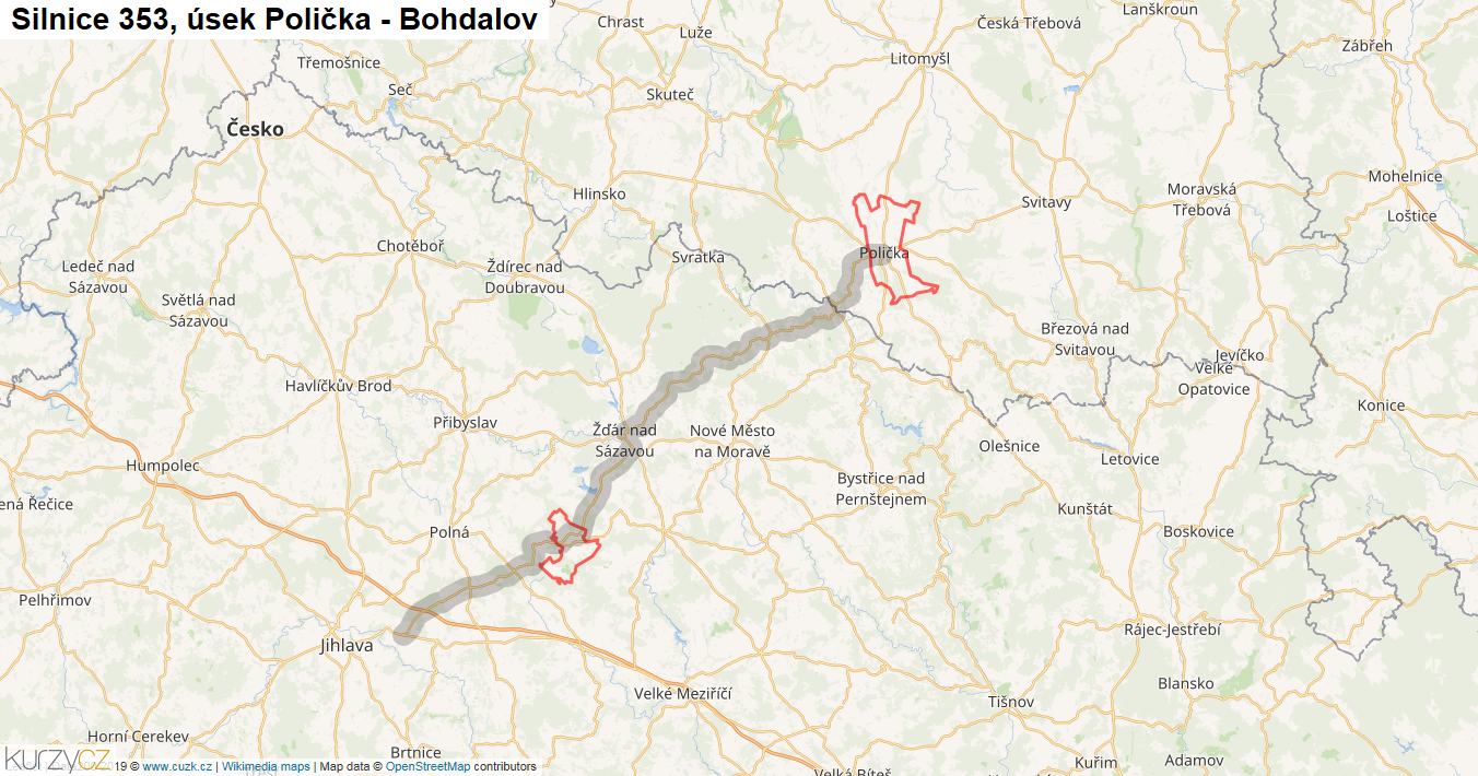 Úsek Polička - Bohdalov, Silnice 353 - Mapa