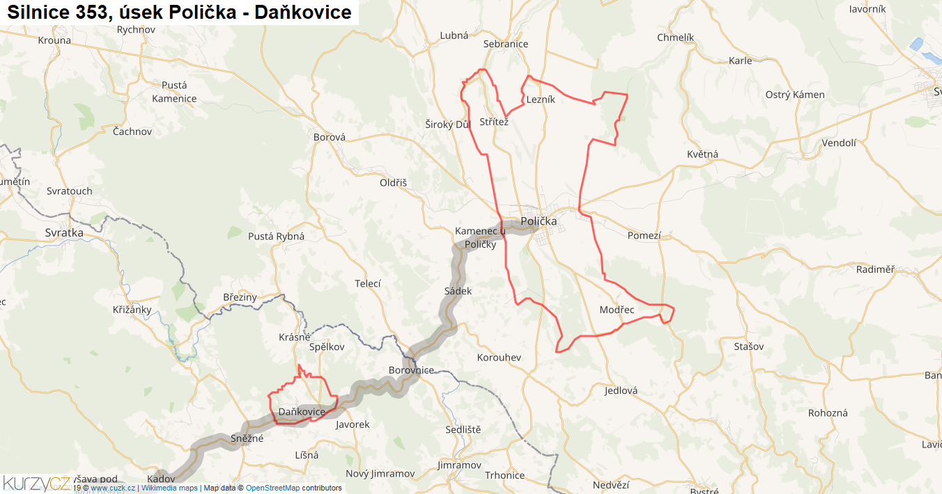 Úsek Polička - Daňkovice, Silnice 353 - Mapa