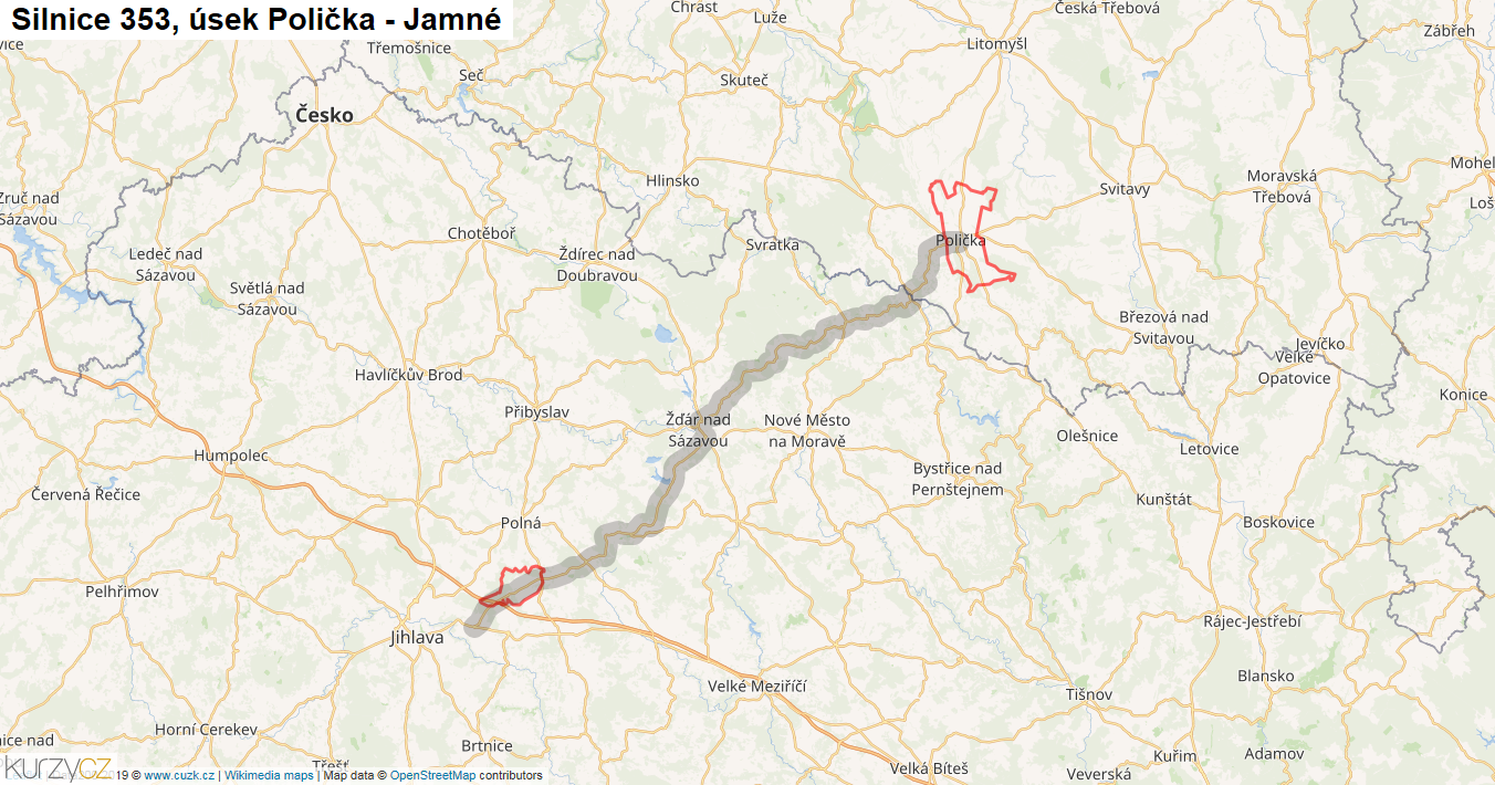 Úsek Polička - Jamné, Silnice 353 - Mapa