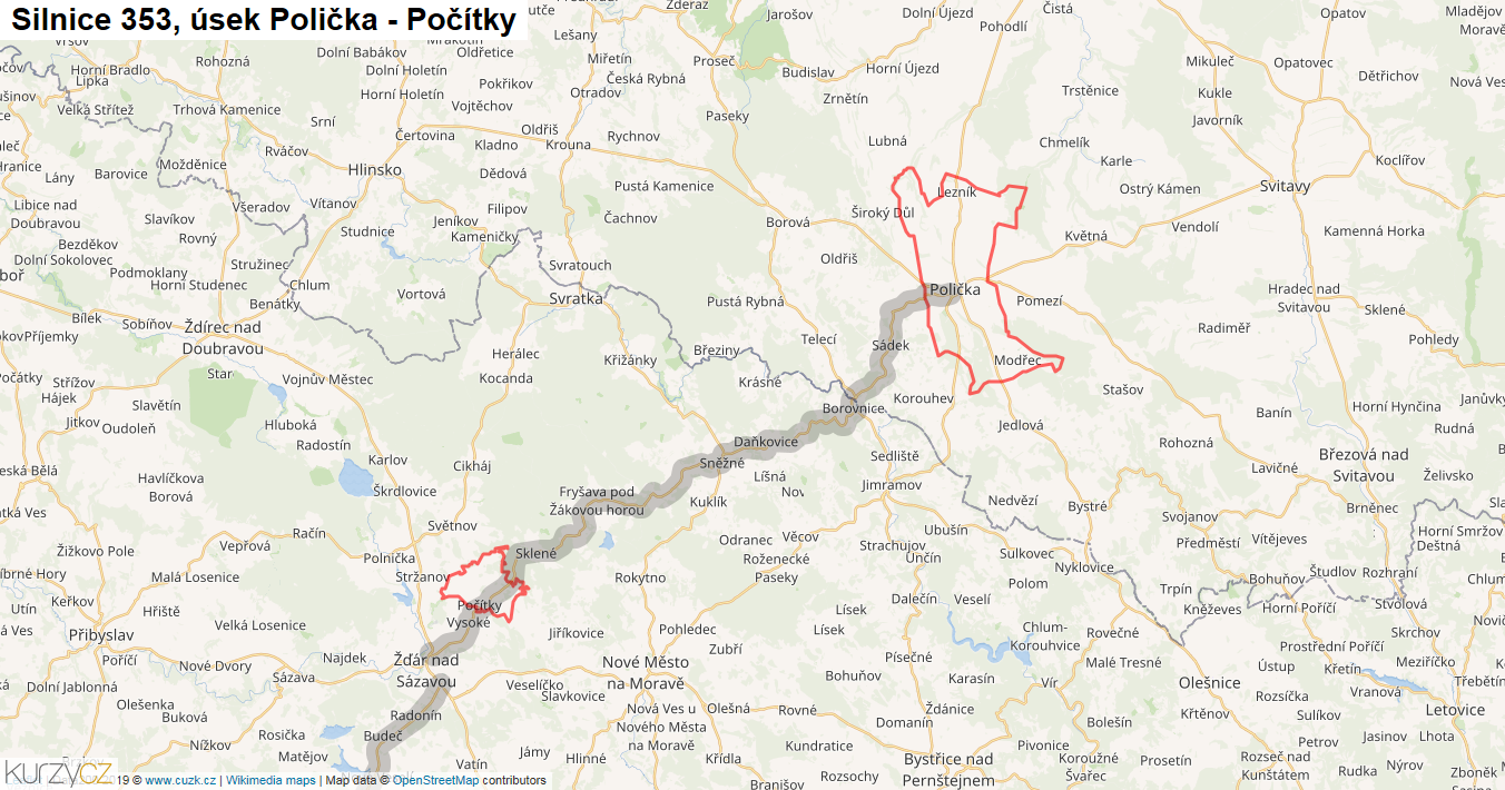 Úsek Polička - Počítky, Silnice 353 - Mapa