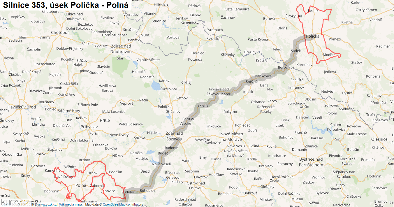 Úsek Polička - Polná, Silnice 353 - Mapa