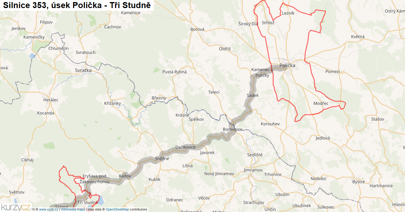 Úsek Polička - Tři Studně, Silnice 353 - Mapa