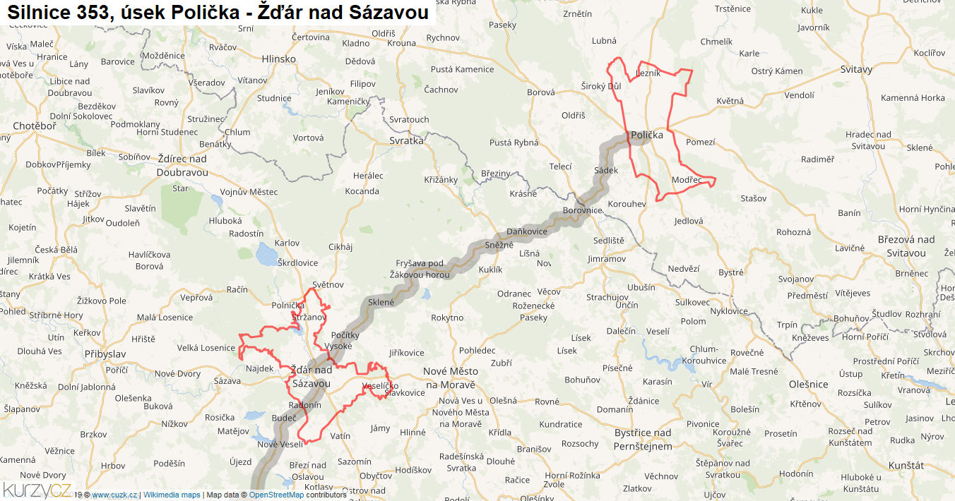 Úsek Polička - Žďár nad Sázavou, Silnice 353 - Mapa