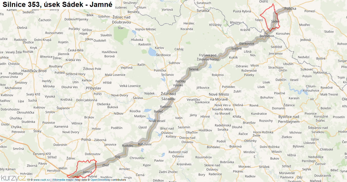 Úsek Sádek - Jamné, Silnice 353 - Mapa