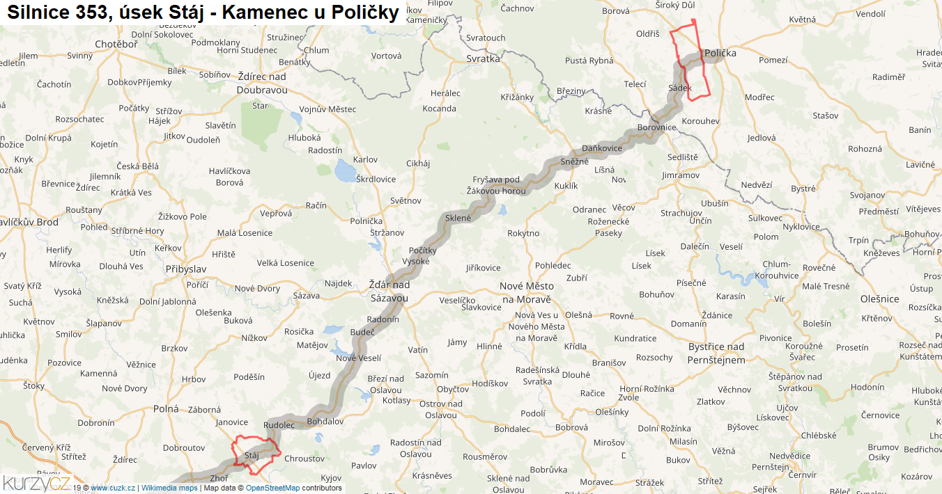 Úsek Stáj - Kamenec u Poličky, Silnice 353 - Mapa
