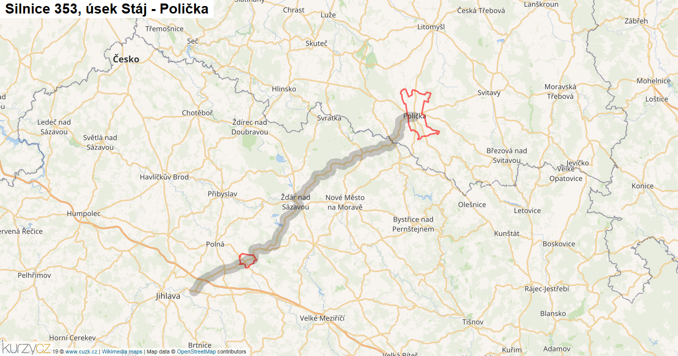 Úsek Stáj - Polička, Silnice 353 - Mapa