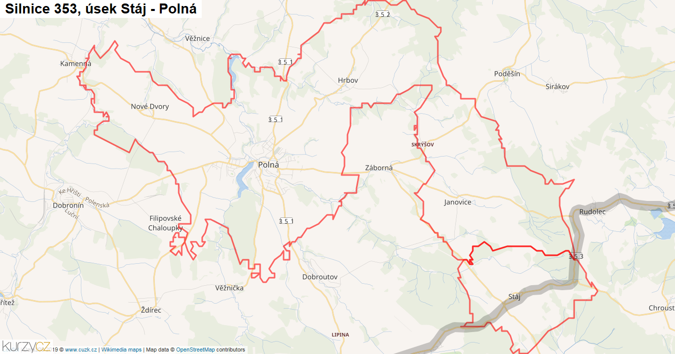 Úsek Stáj - Polná, Silnice 353 - Mapa