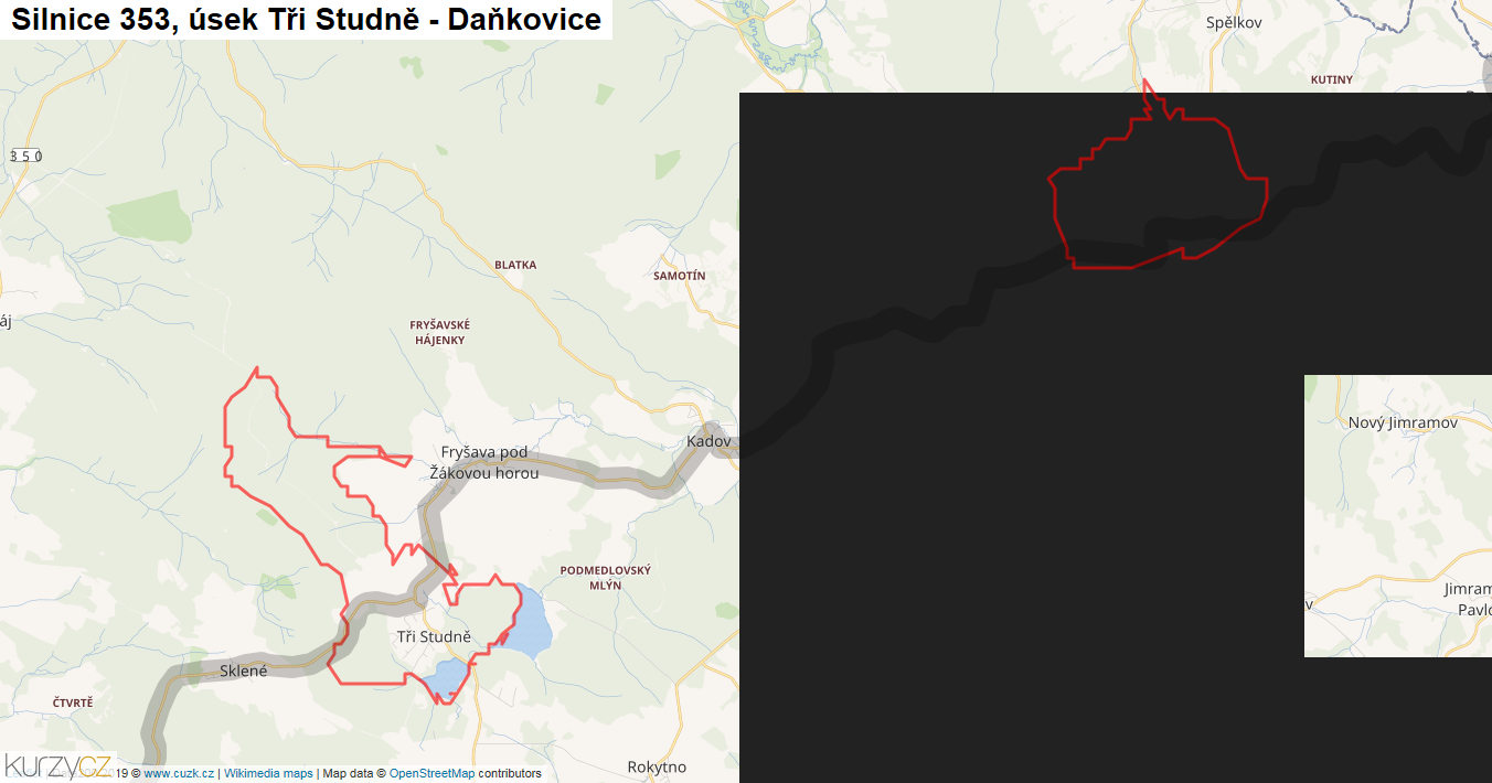 Úsek Tři Studně - Daňkovice, Silnice 353 - Mapa