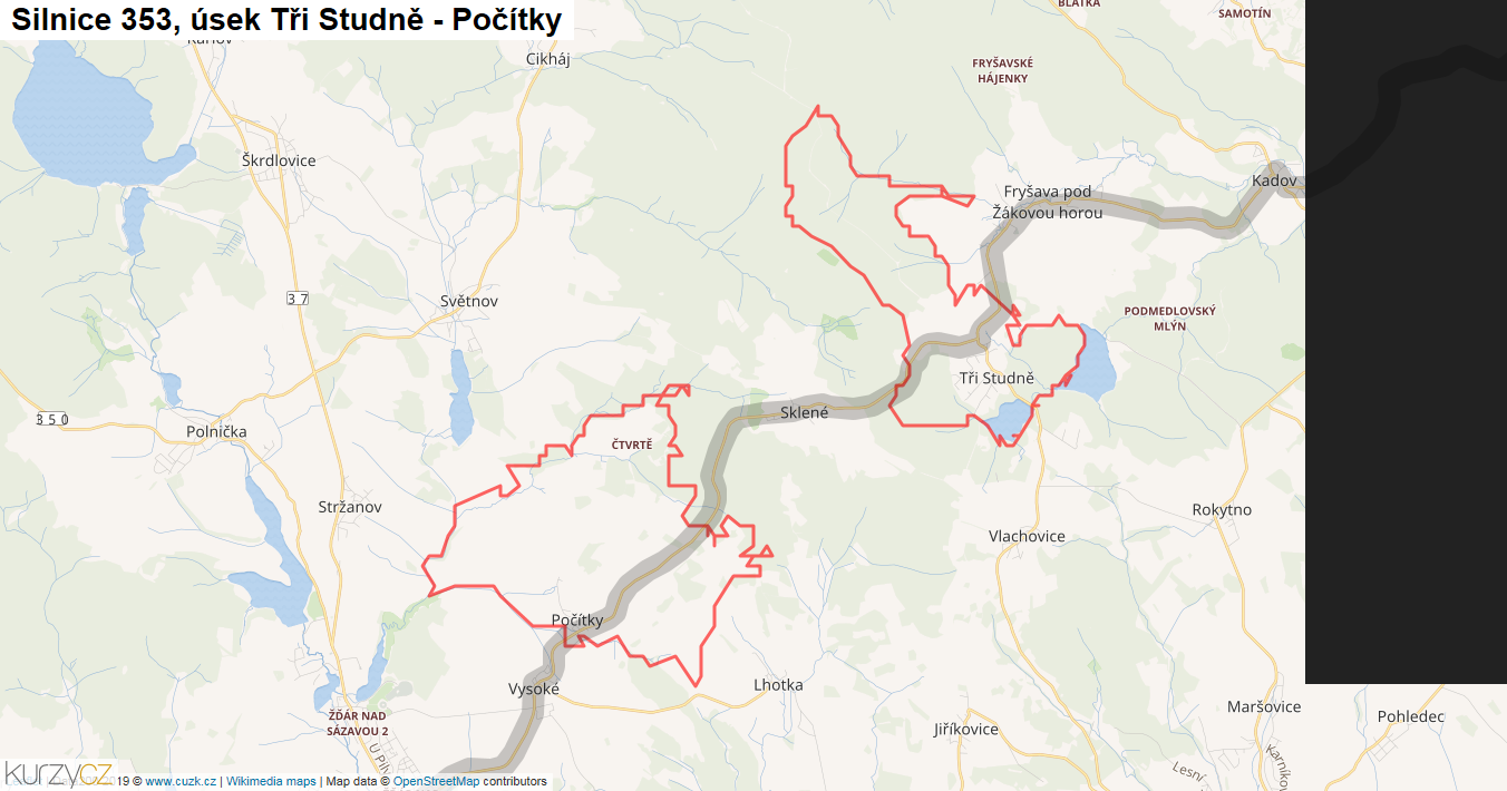 Úsek Tři Studně - Počítky, Silnice 353 - Mapa