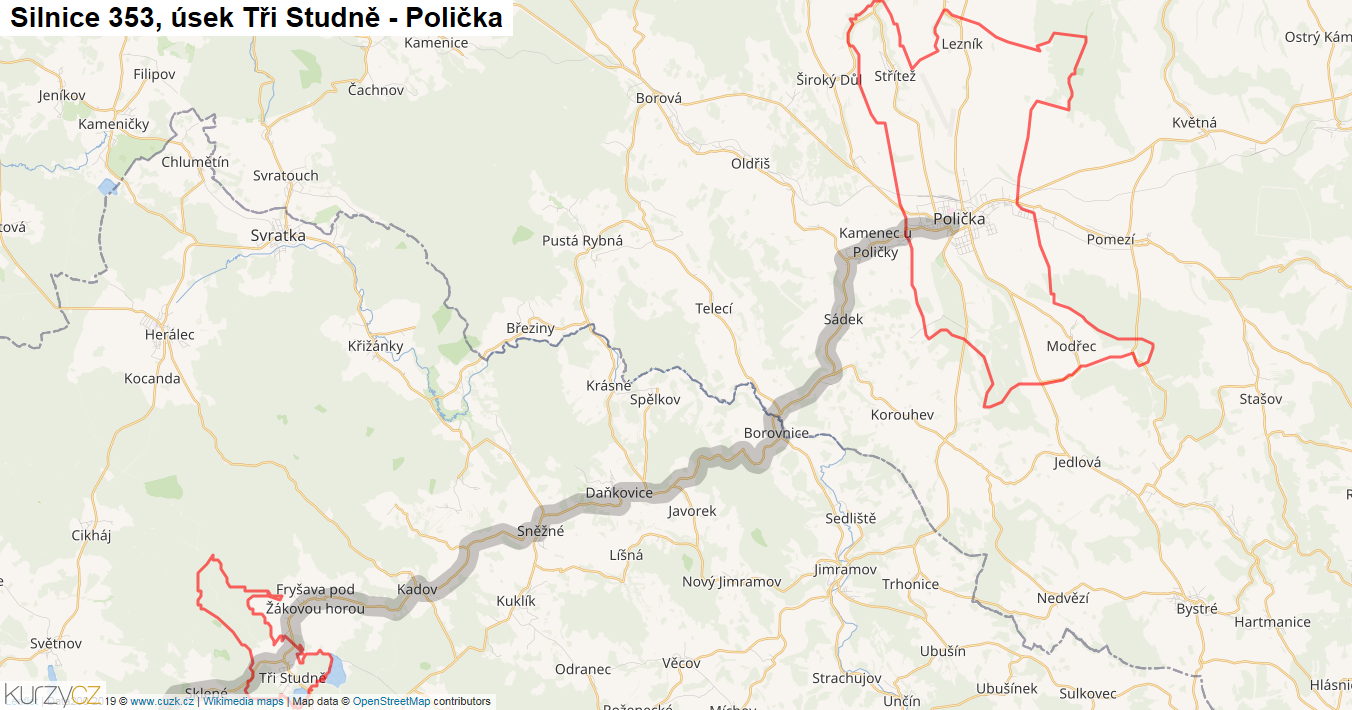 Úsek Tři Studně - Polička, Silnice 353 - Mapa