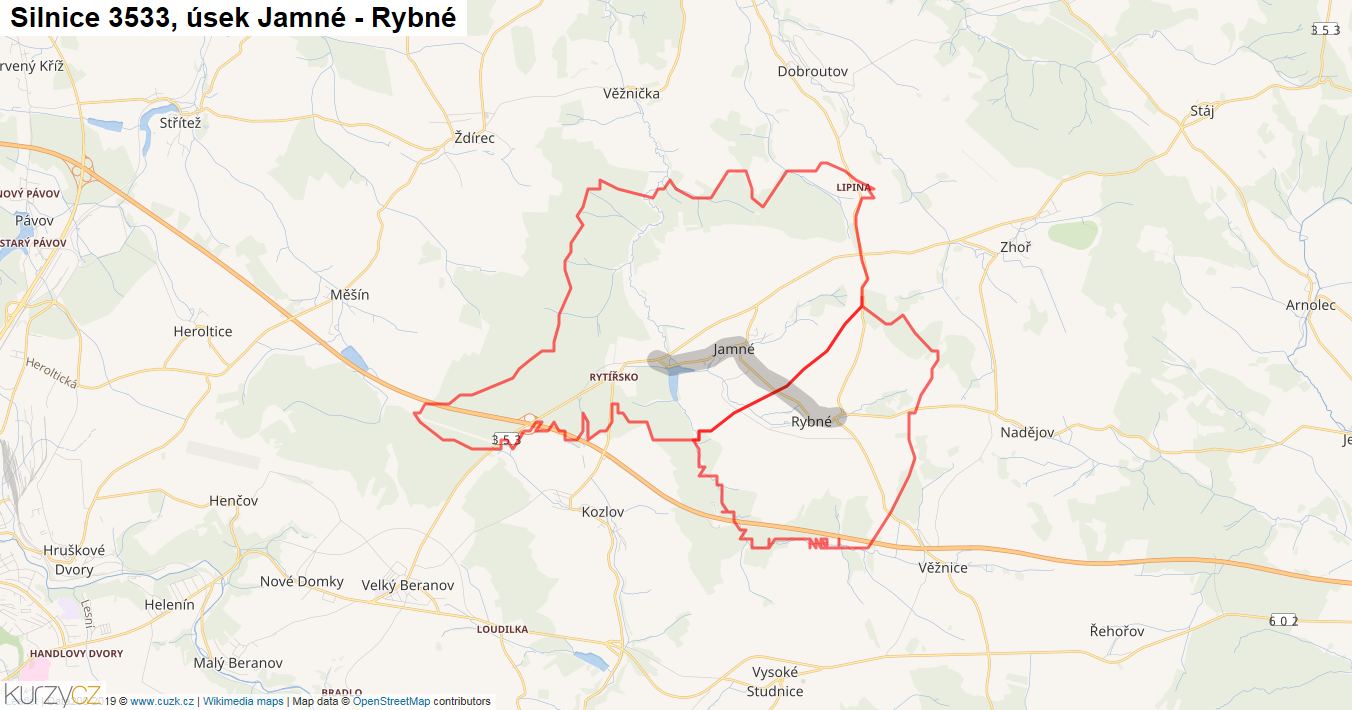 Úsek Jamné - Rybné, Silnice 3533 - Mapa