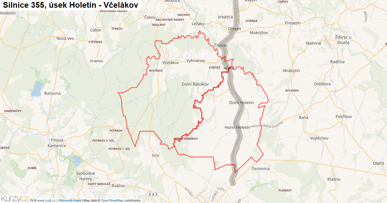 Úsek Holetín - Včelákov, Silnice 355 - Mapa